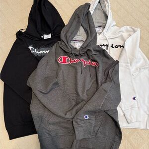 Champion Black, Gray and White Hoodies with Iconic Logo